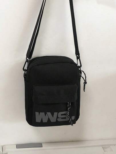 迷你字母图案方形包 黑色休闲可调节肩带斜挎包单肩包单肩包方形包旅行必备品书包学院书包多功能单肩包斜挎包学生信使包圆筒包男士包黑色包度假必备品露营单肩包男士包夏季返校包