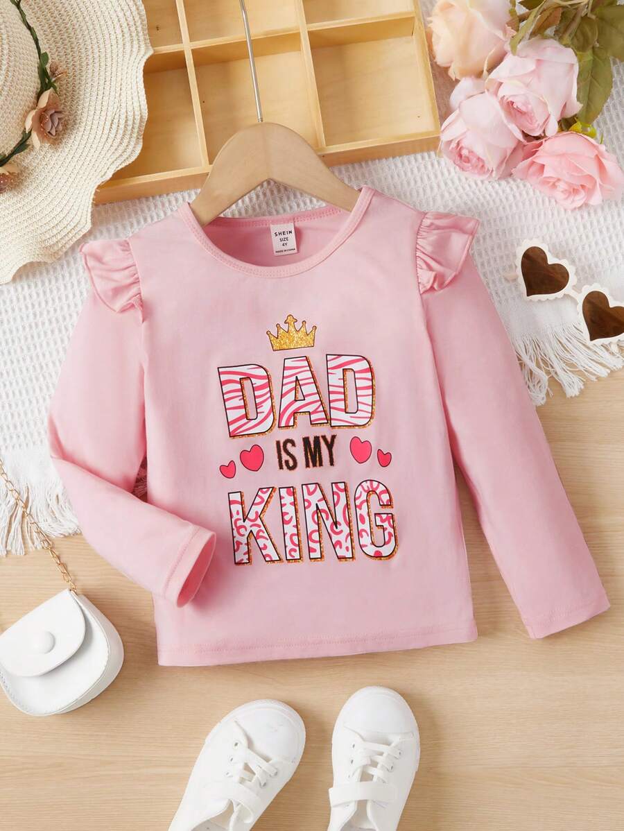 SHEIN 小女童皇冠和標語圖案荷葉邊T恤 - 淺粉色 - 查看 1