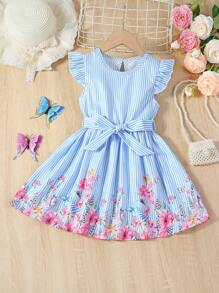 SHEIN Young Girl Striped & Floral Print Ruffle Trim Belted Dress,Holiday,Summer,Travel - Blue and White - View 1