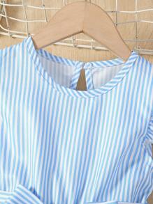 SHEIN Young Girl Striped & Floral Print Ruffle Trim Belted Dress,Holiday,Summer,Travel - Blue and White - View 3