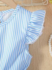 SHEIN Young Girl Striped & Floral Print Ruffle Trim Belted Dress,Holiday,Summer,Travel - Blue and White - View 4