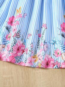 SHEIN Young Girl Striped & Floral Print Ruffle Trim Belted Dress,Holiday,Summer,Travel - Blue and White - View 6