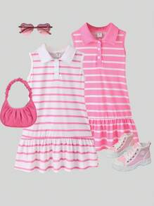 SHEIN Young Girl 2pcs Striped Print Ruffle Hem Dress Summer Holiday - Multicolor - View 1