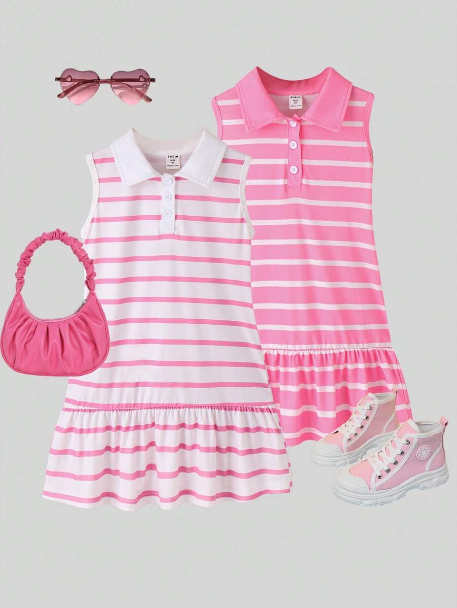 SHEIN Young Girl 2pcs Striped Print Ruffle Hem Dress Summer Holiday - Multicolor - View 1