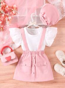 小女童網眼刺繡荷葉邊T恤和翻蓋口袋背带半身裙和帽套裝 - 彩色 - 查看 1