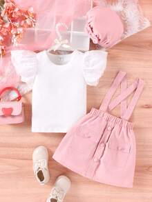 小女童網眼刺繡荷葉邊T恤和翻蓋口袋背带半身裙和帽套裝 - 彩色 - 查看 5