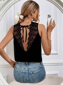 SHEIN Frenchy Contrast Lace Tie Backless Tank Top Summer Black - Black - View 1
