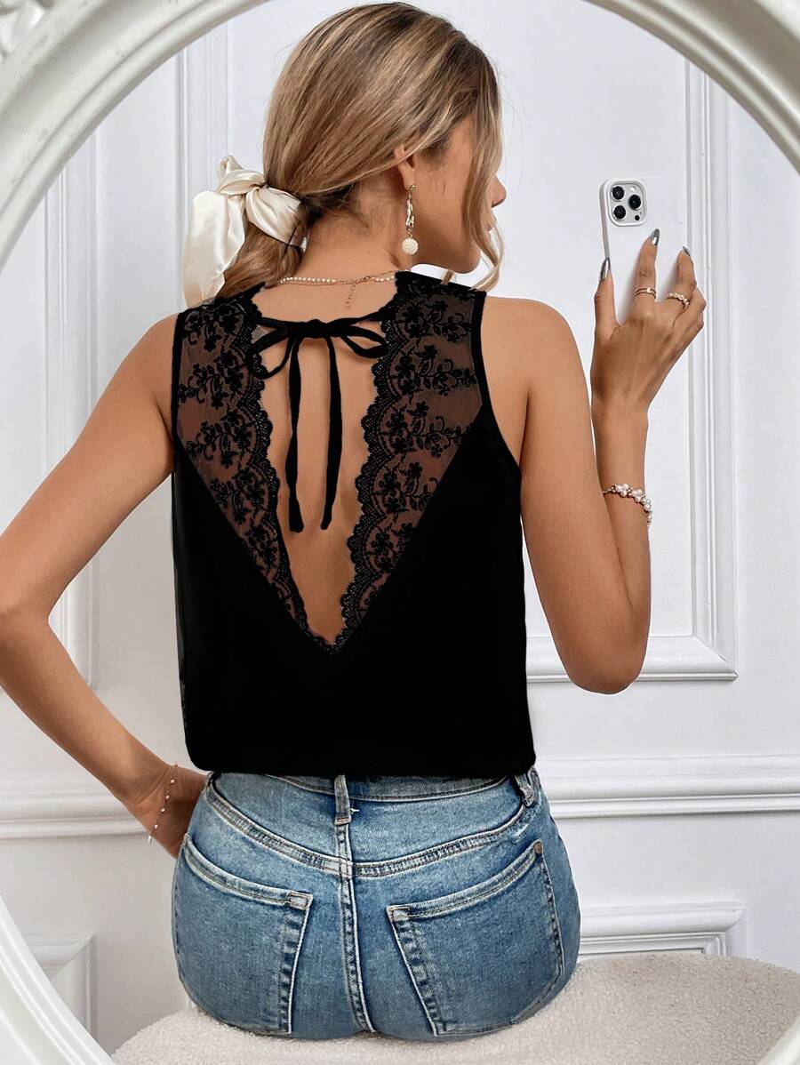SHEIN Frenchy Contrast Lace Tie Backless Tank Top Summer Black - Black - View 1