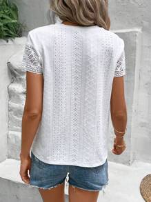SHEIN Frenchy Eyelet Embroidery Contrast Lace Tee White Summer - White - View 2