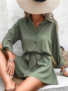 SHEIN Frenchy Áo liền quần nữ Thắt lưng Nút phía trước Nút màu trơn Giải trí - xanh quân đội - Xem 3