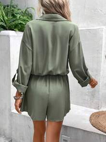 SHEIN Frenchy Áo liền quần nữ Thắt lưng Nút phía trước Nút màu trơn Giải trí - xanh quân đội - Xem 2