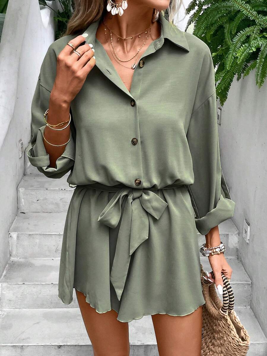 SHEIN Frenchy Áo liền quần nữ Thắt lưng Nút phía trước Nút màu trơn Giải trí - xanh quân đội - Xem 1