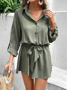 SHEIN Frenchy Áo liền quần nữ Thắt lưng Nút phía trước Nút màu trơn Giải trí - xanh quân đội - Xem 4