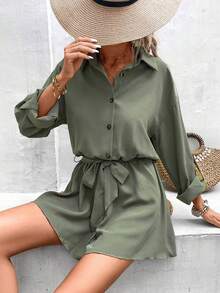 SHEIN Frenchy Áo liền quần nữ Thắt lưng Nút phía trước Nút màu trơn Giải trí - xanh quân đội - Xem 6