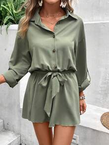 SHEIN Frenchy Áo liền quần nữ Thắt lưng Nút phía trước Nút màu trơn Giải trí - xanh quân đội - Xem 7