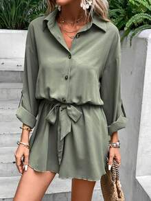 SHEIN Frenchy Áo liền quần nữ Thắt lưng Nút phía trước Nút màu trơn Giải trí - xanh quân đội - Xem 8