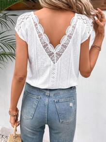 SHEIN Frenchy Contrast Lace Batwing Sleeve Eyelet Embroidery Scallop Trim Tee - White - View 1