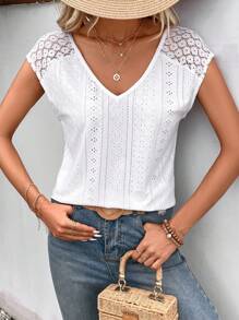 SHEIN Frenchy Contrast Lace Batwing Sleeve Eyelet Embroidery Scallop Trim Tee - White - View 2