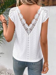 SHEIN Frenchy Contrast Lace Batwing Sleeve Eyelet Embroidery Scallop Trim Tee - White - View 3