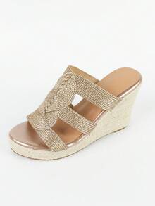 女士編織細節圓形裝飾坡跟度假戶外織物坡跟涼鞋