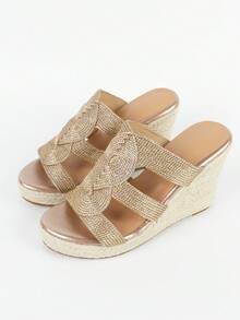 女士編織細節圓形裝飾坡跟度假戶外織物坡跟涼鞋