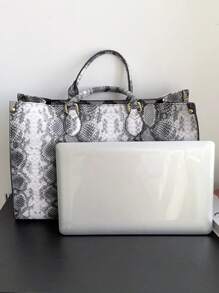 时尚蛇纹印花四季旅行购物手提包，超大容量手提包，吸睛女士工作包 - 彩色 - 查看 4