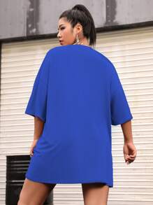 Flirla Áo thun hở vai trơn cỡ lớn - Xanh đậm - Xem 2