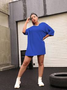 Flirla Áo thun hở vai trơn cỡ lớn - Xanh đậm - Xem 4