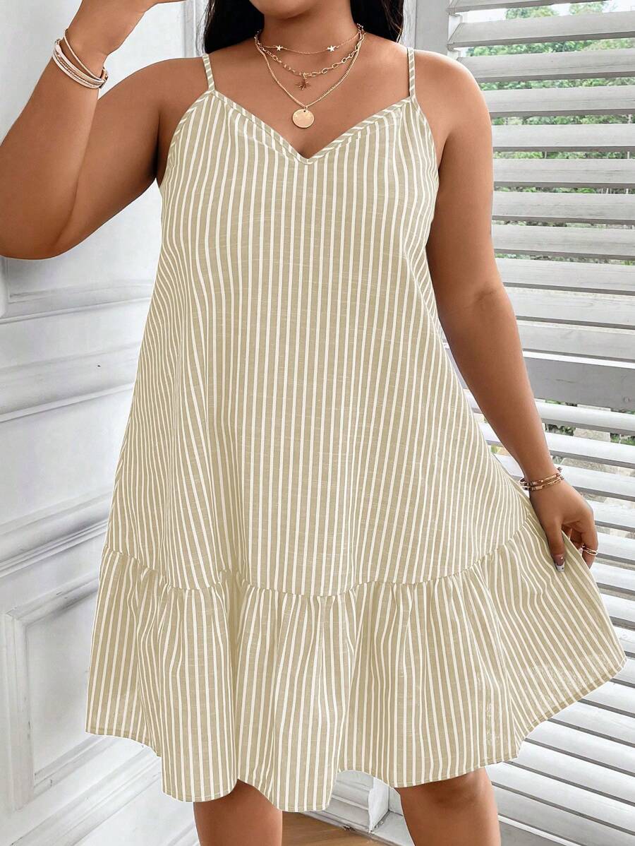 EMERY ROSE 大碼條紋印花荷葉邊吊帶連衣裙 - 杏色 - 查看 1