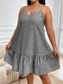 Calvaya Đầm Plus Size Viên lá sen Sọc Giải trí - Màu xám đen - Xem 3