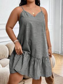 Calvaya Đầm Plus Size Viên lá sen Sọc Giải trí - Màu xám đen - Xem 4