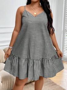 Calvaya Đầm Plus Size Viên lá sen Sọc Giải trí - Màu xám đen - Xem 5