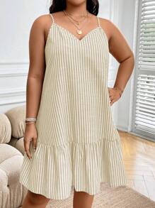 EMERY ROSE 大碼條紋印花荷葉邊吊帶連衣裙 - 杏色 - 查看 5