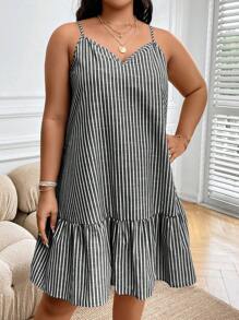 Calvaya Đầm Plus Size Viên lá sen Sọc Giải trí - Màu xám đen - Xem 6