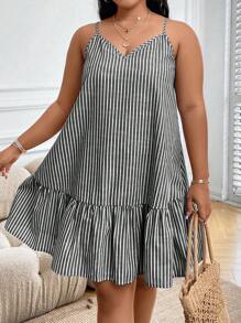 Calvaya Đầm Plus Size Viên lá sen Sọc Giải trí - Màu xám đen - Xem 7