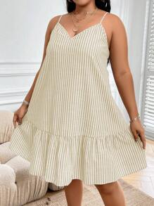 EMERY ROSE 大碼條紋印花荷葉邊吊帶連衣裙 - 杏色 - 查看 7