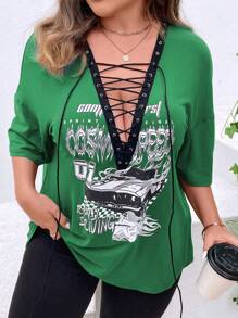 SHEIN LUNE Plus Car & Letter Graphic Lace Up Front Drop Shoulder Tee - Green - View 1