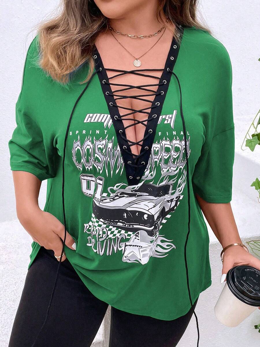 SHEIN LUNE Plus Car & Letter Graphic Lace Up Front Drop Shoulder Tee - Green - View 1