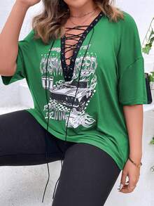 SHEIN LUNE Plus Car & Letter Graphic Lace Up Front Drop Shoulder Tee - Green - View 3