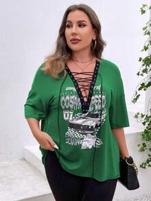 SHEIN LUNE Plus Car & Letter Graphic Lace Up Front Drop Shoulder Tee - Green - View 7