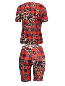 Leopard & Heart Print Tee & Cycling Shorts - Multicolor - View 2