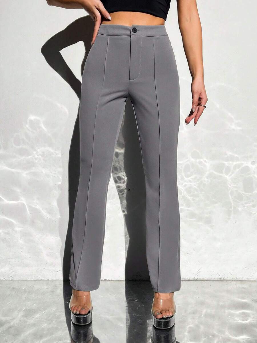 SHEIN PETITE 纯色休闲高腰接缝细节灰色裤子 - 灰色 - 查看 1