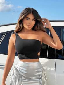 SHEIN SXY 單肩鏤空短款上衣 - 黑色 - 查看 2