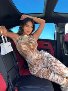 SHEIN SXY 大理石圖案小高領彈力緊身連體褲 - 彩色 - 查看 3