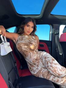 SHEIN SXY 大理石圖案小高領彈力緊身連體褲 - 彩色 - 查看 5