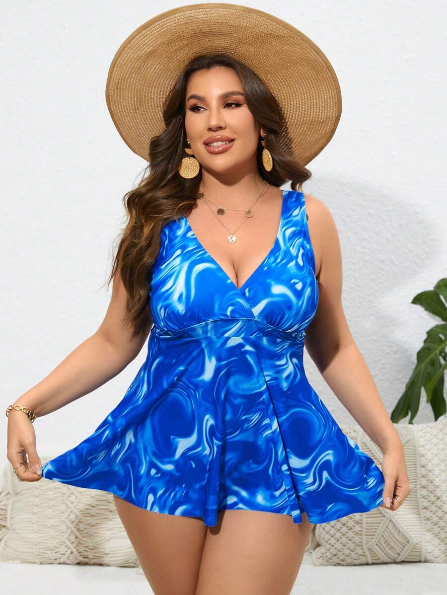 Swim Lushoire Plus Size Marble Print Tankini Summer Beach - Blue - View 1