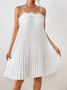 SHEIN Privé Fuzzy Trim Pleated Cami Dress - White - View 1