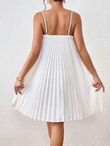 SHEIN Privé Fuzzy Trim Pleated Cami Dress - White - View 4