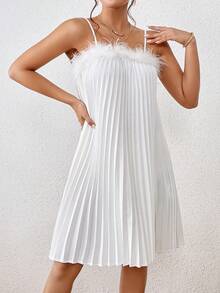 SHEIN Privé Fuzzy Trim Pleated Cami Dress - White - View 2