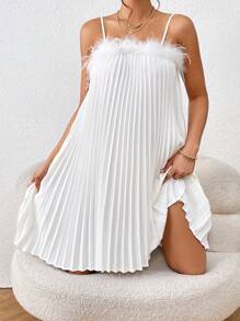 SHEIN Privé Fuzzy Trim Pleated Cami Dress - White - View 3